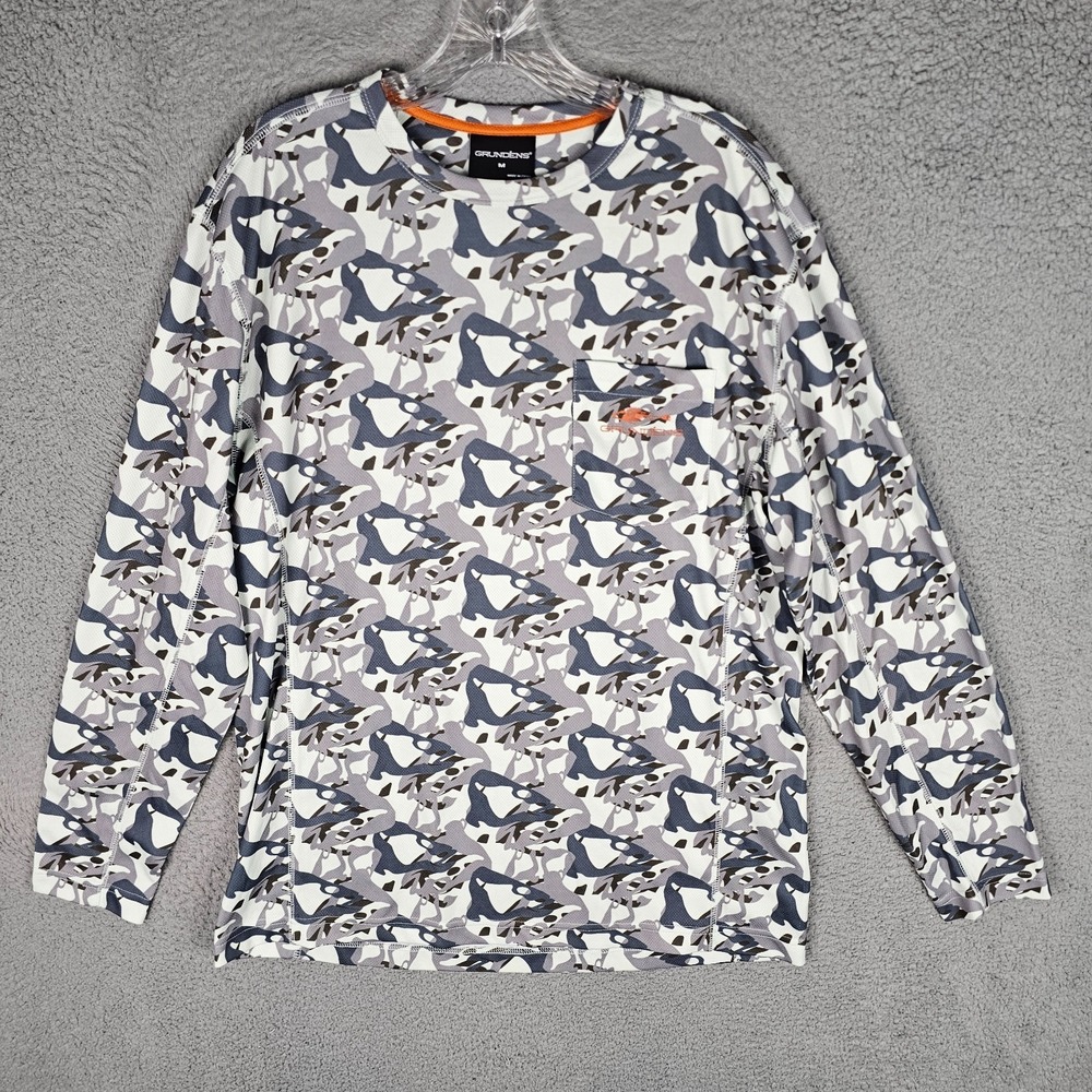 Grundens Fishing Tee Shirt Mens Medium Camo Fish Head Print Long Sleeve Pullover